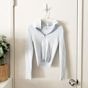 ABERCROMBIE & FITCH Quarter Zip Ribbed Pullover Top Light Blue Crop Medium